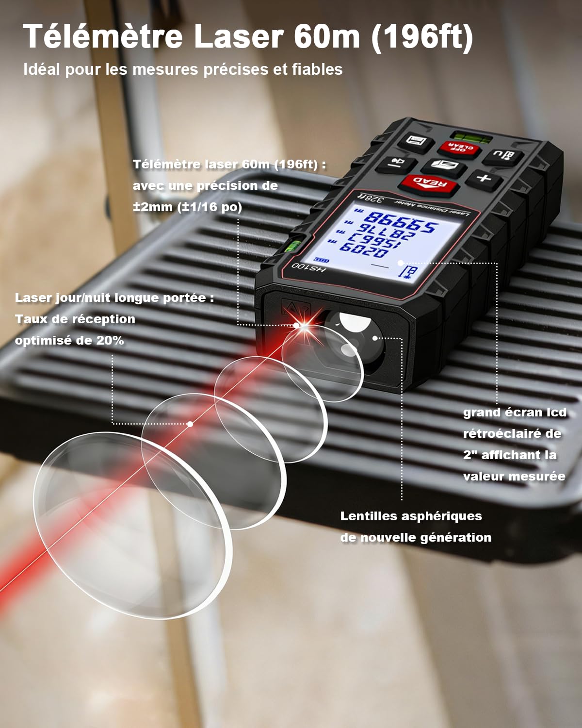 Télémètre Laser Numérique Professionnel, Mètre Laser, Portée 60m/100m, Double Niveau d’Alignement, Étanche IP54, Surface, Volume, Grand Écran LCD Rétro-éclairé, Intérieur Extérieur