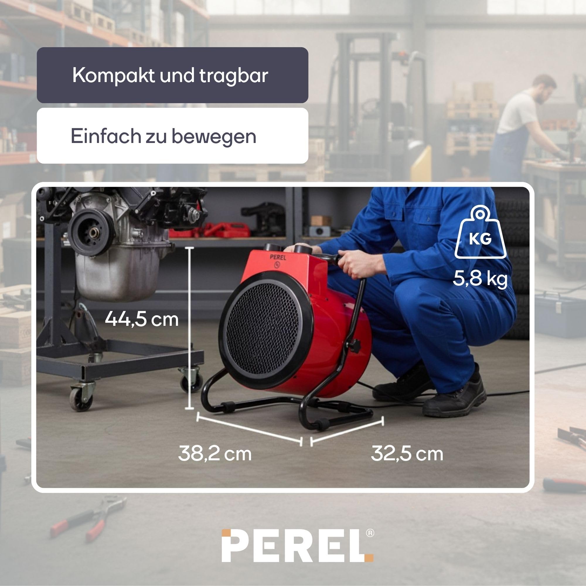 Perel Elektrischer Heizlüfter 3000W, 2 Heizstufen, Thermostat und Kühlfunktion, IP24, Überhitzungs- und Kippschutz, kompakter tragbarer Heizstrahler für Werkstatt, Garage oder Schuppen