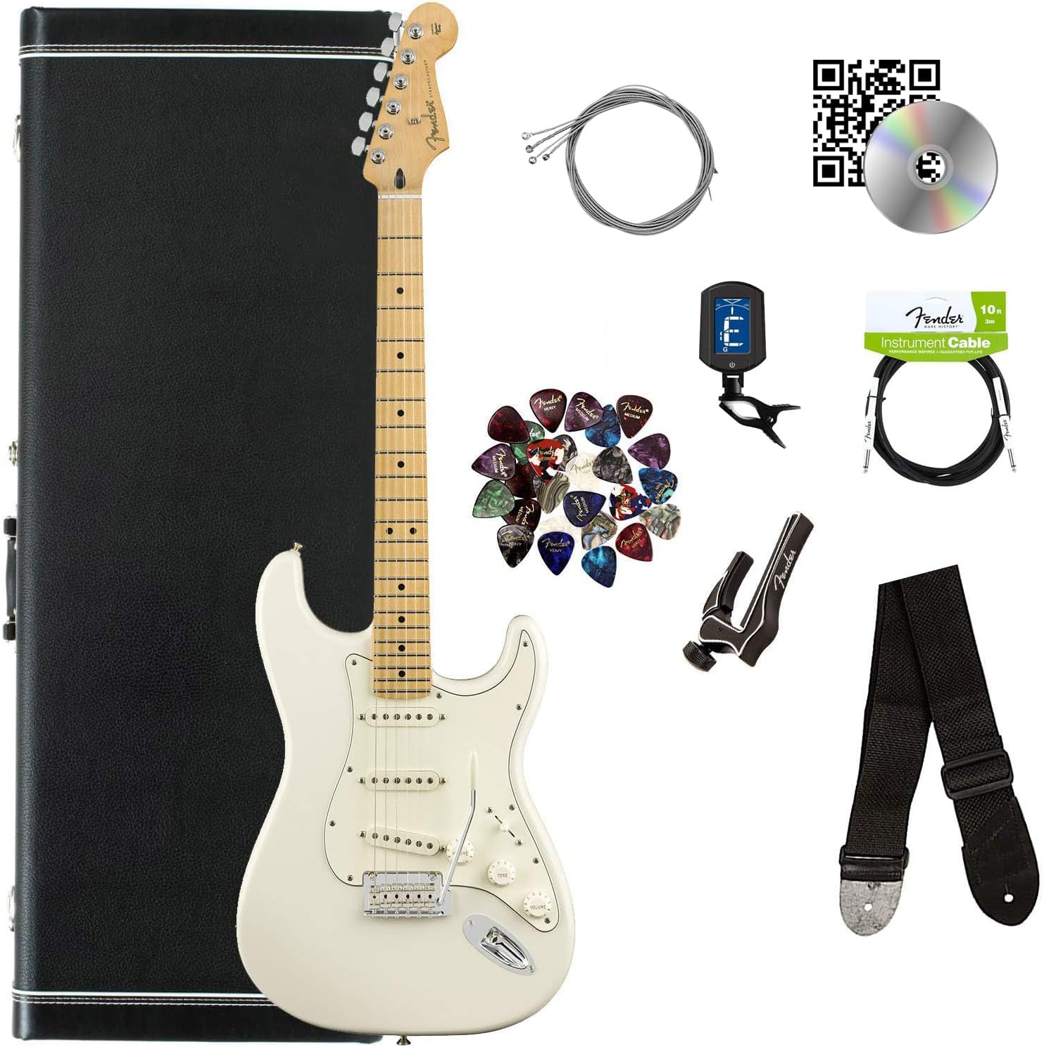 Fender Player Stratocaster® - Polar White Bundle Hard Case, Instrument Cable, Tuner, Strap, Strings, Picks, Capo, Fender Play Online Lessons, and Austin Bazaar Instructional DVD