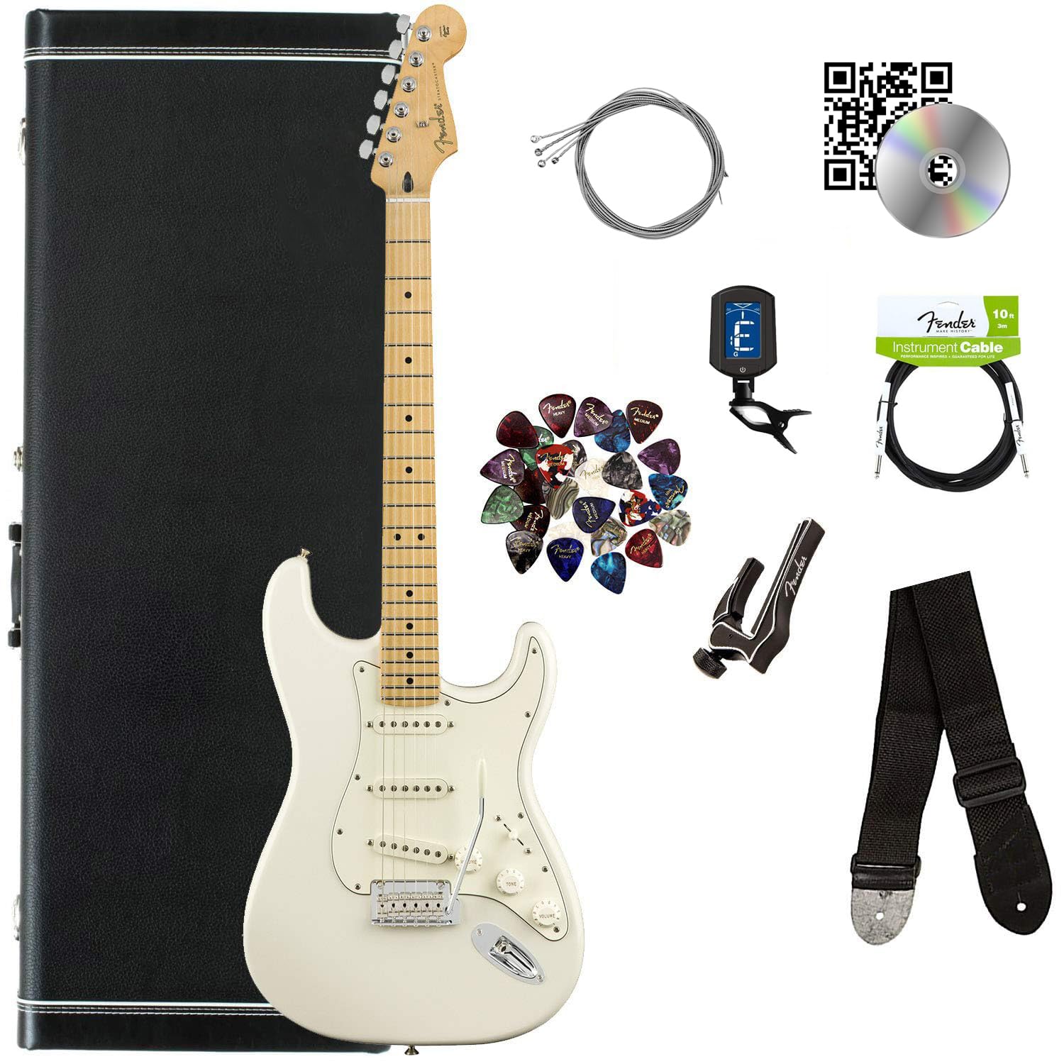 Fender Player Stratocaster® - Polar White Bundle Hard Case, Instrument Cable, Tuner, Strap, Strings, Picks, Capo, Fender Play Online Lessons, and Austin Bazaar Instructional DVD