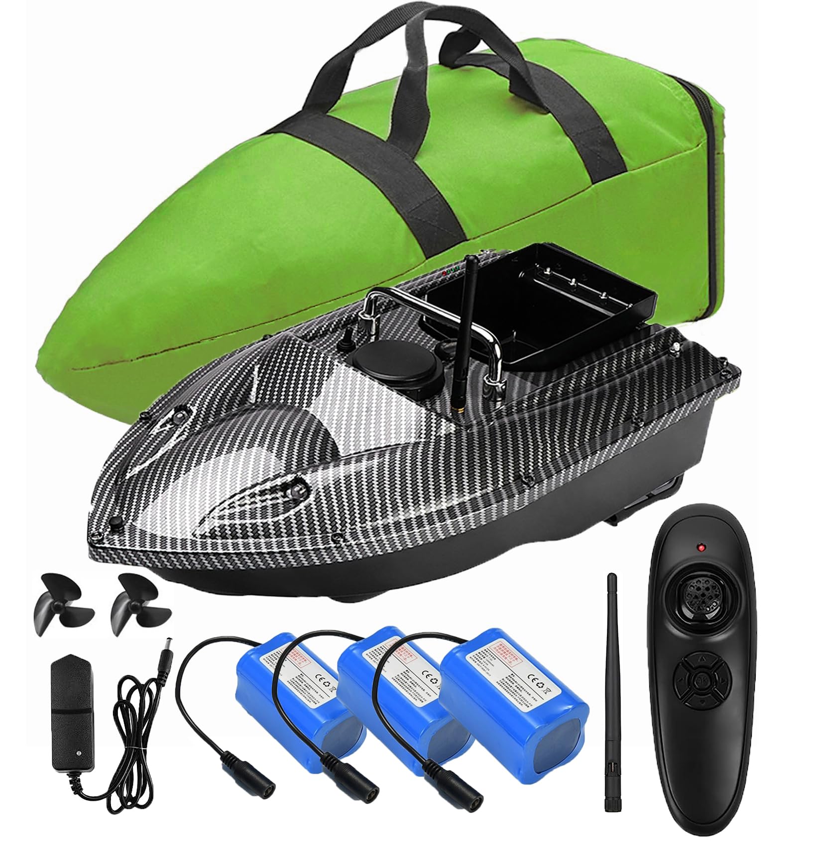 Bait Boat,12000mah Large capacity batteries Fishing Bait Boat ,500m Remote control,1.5kg Loading Hopper,wind and wave resistant,with Handbag. Give antennas, propellers, and other small gifts.bait boat