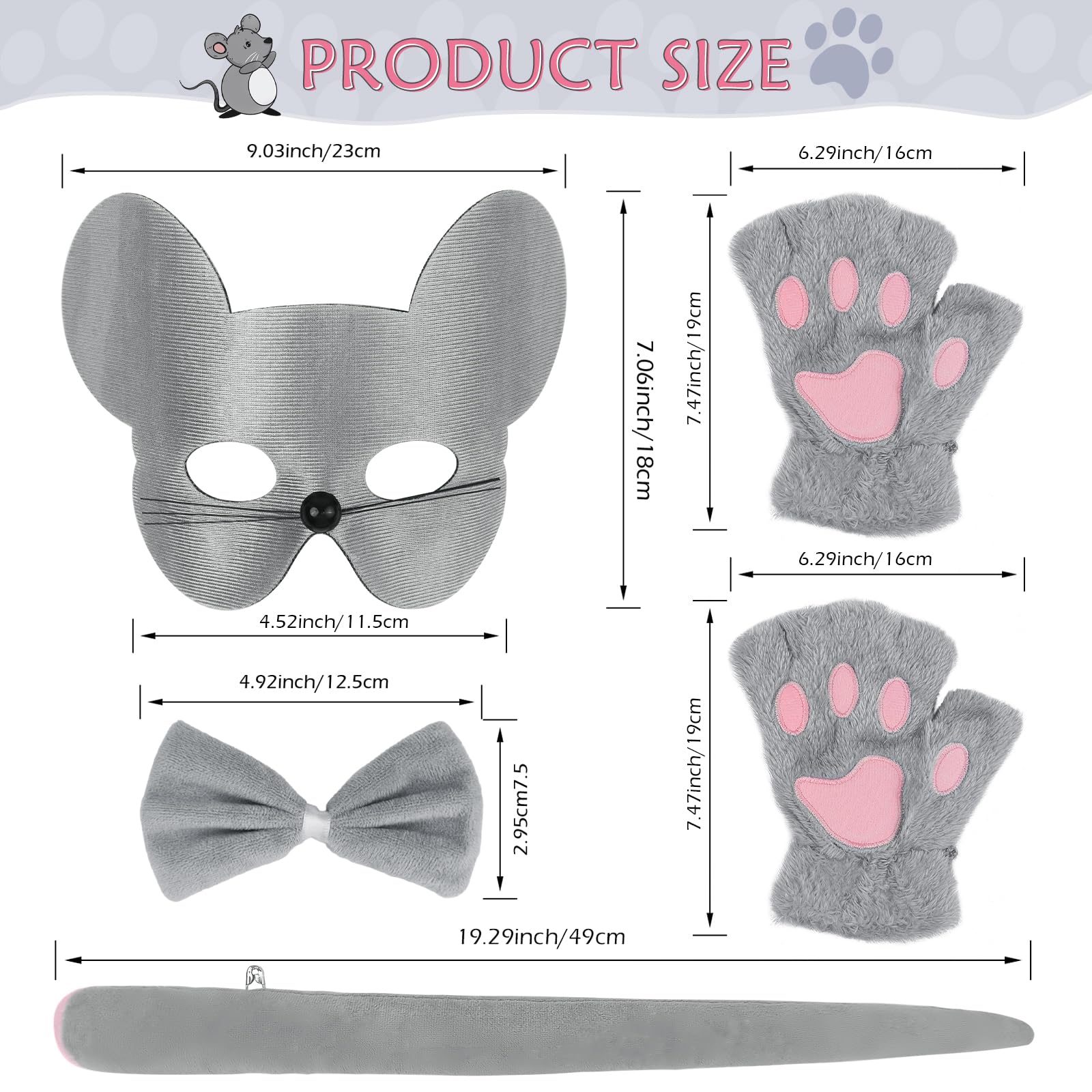 Exlinonline Mouse Ears Halloween Costume with Mask,Tie,Tail and Glove for Rat Mouse Costume Grey Pink for Adult Kids Cute (Merry Mice Costume)