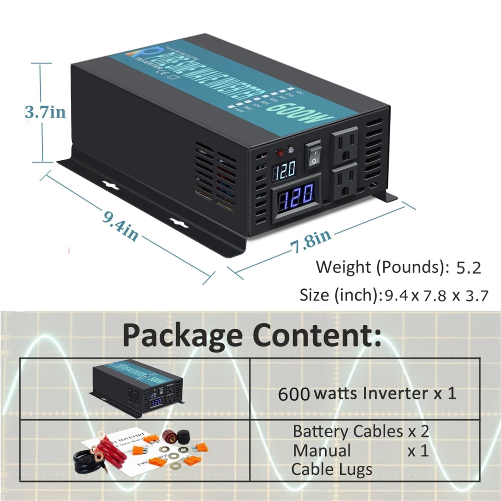 Inversor Solar de Onda sinusoidal Pura 600 W, convertidor Potencia portátil CC a CA, Fuente alimentación doméstica(2 pcs,240)