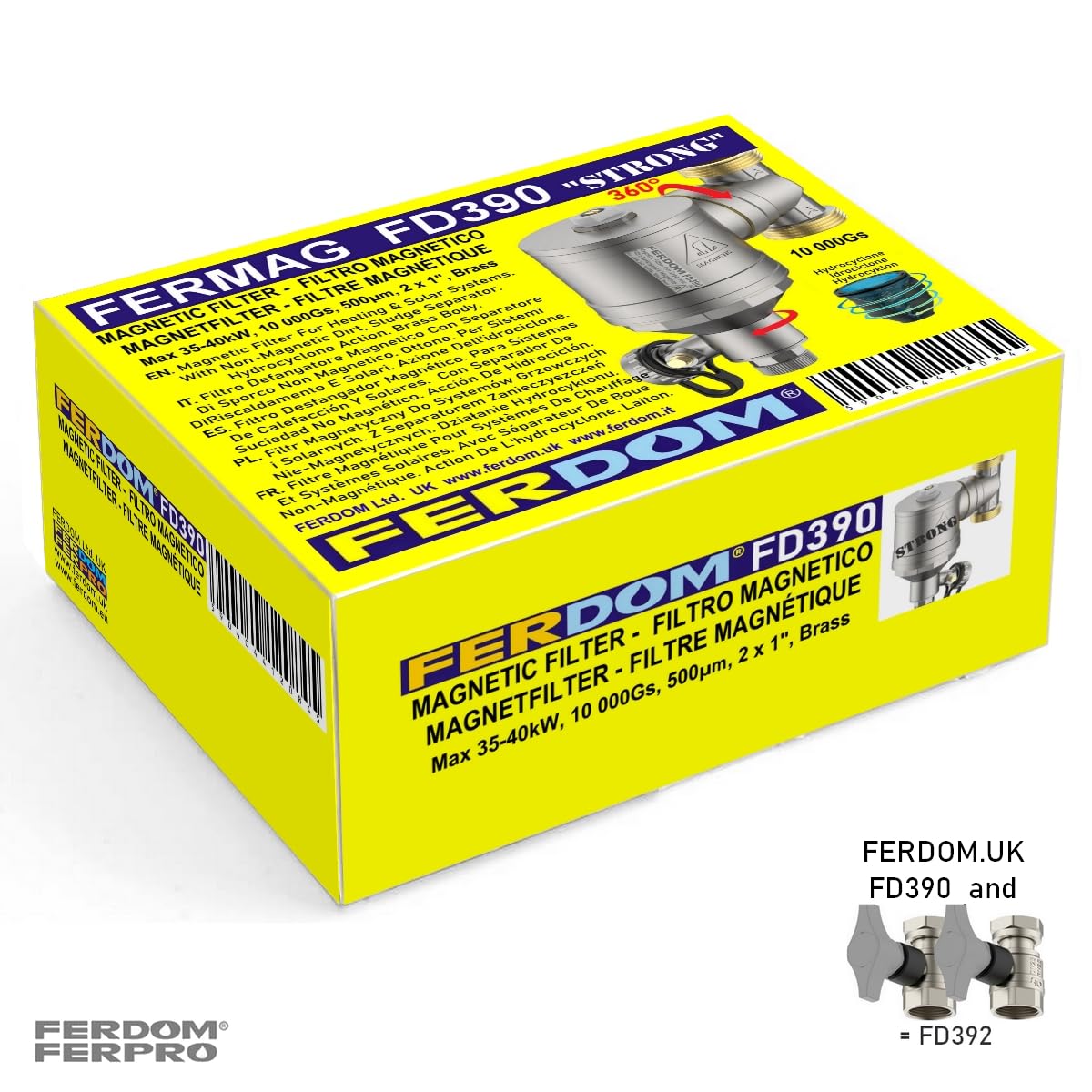 FERDOM "STRONG" FD392 1"/DN25 Filtro Magnético/Hidrociclón Para Sistemas De Calefacción etc. Imán 10000Gs. Con Separador De Partículas No Magnéticas 1000µm Inox. Max.40kW, Con.360 grados+2 Válvulas 1"