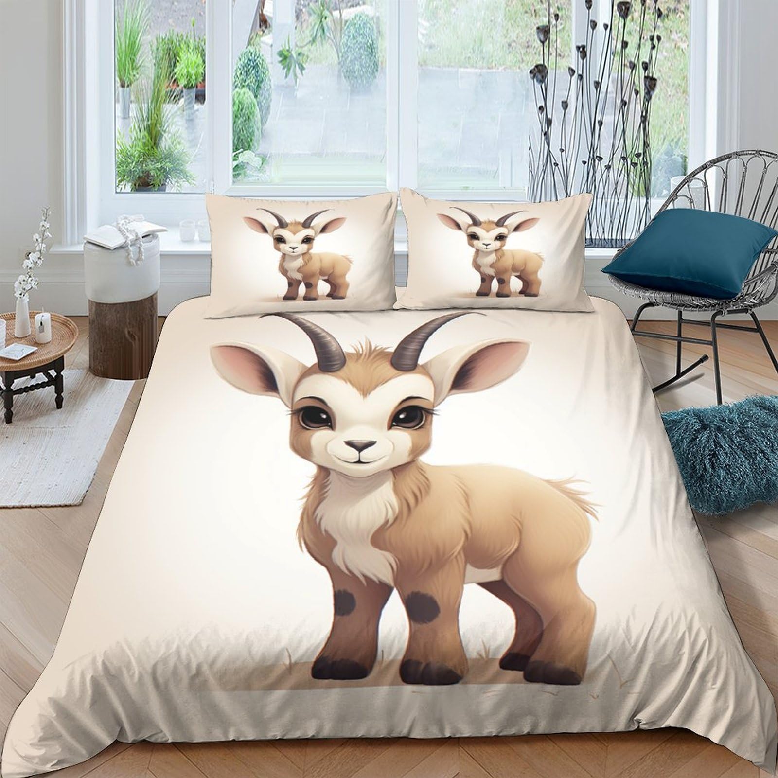 Housse de couette chèvre 3D microfibre douce pour lit double sans repassage