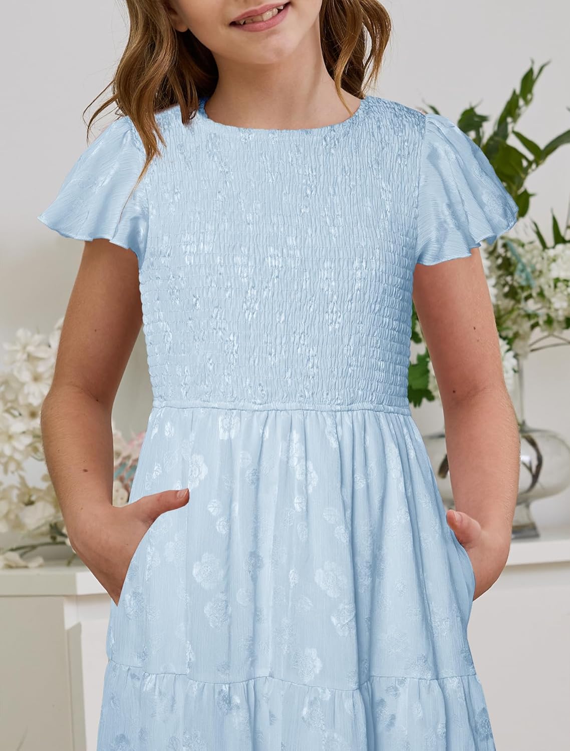 YOVION Flower Girls Dress Elegant Ruffle Sleeve Smocked A Line Tiered Flowy Wedding Guest Maxi Dresses for 6-12 Years - Image 5