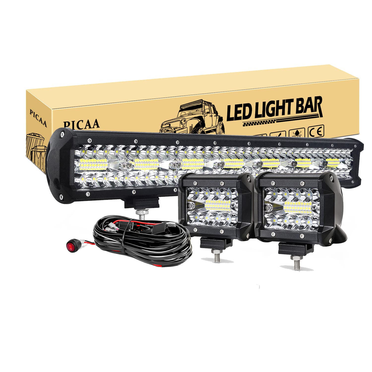 PICAA Led Arbeitsscheinwerfer 20 Zoll 420W Lichtbalken Zusatzscheinwerfer Bar Spot Flutlicht Kombination für SUV Offroad ATV UTV Traktor 4x4 Auto Mit 2PCS 4 Zoll Arbeitslicht