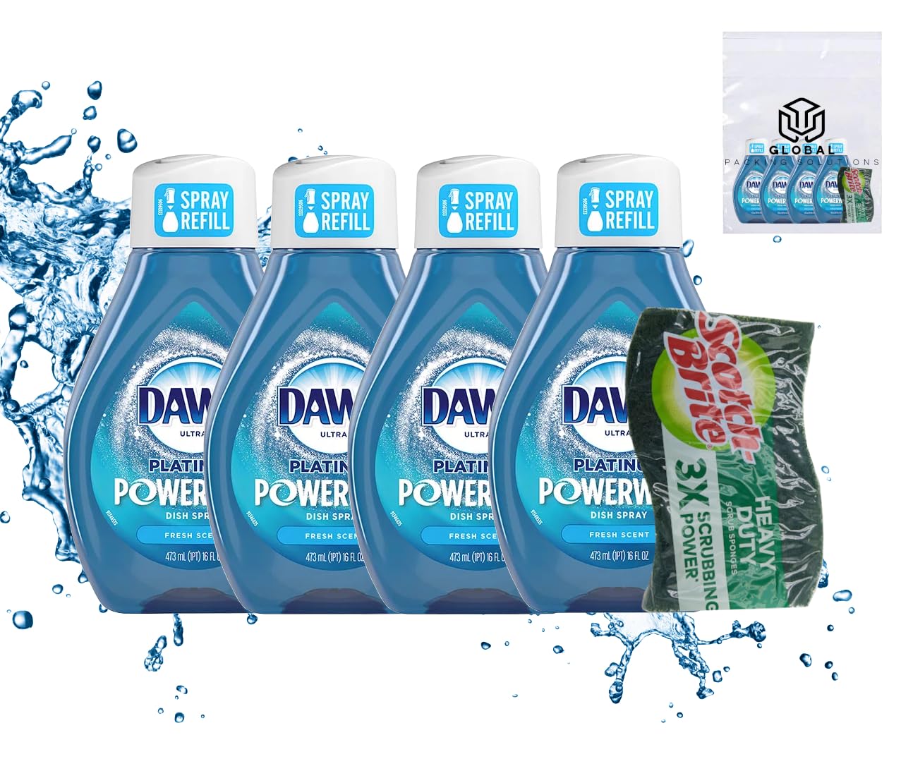 Dawn Platinum Powerwash Dish Soap Spray Refill Fresh Scent 4pk 16 Fl Oz bundled with Heavy Duty Scotch