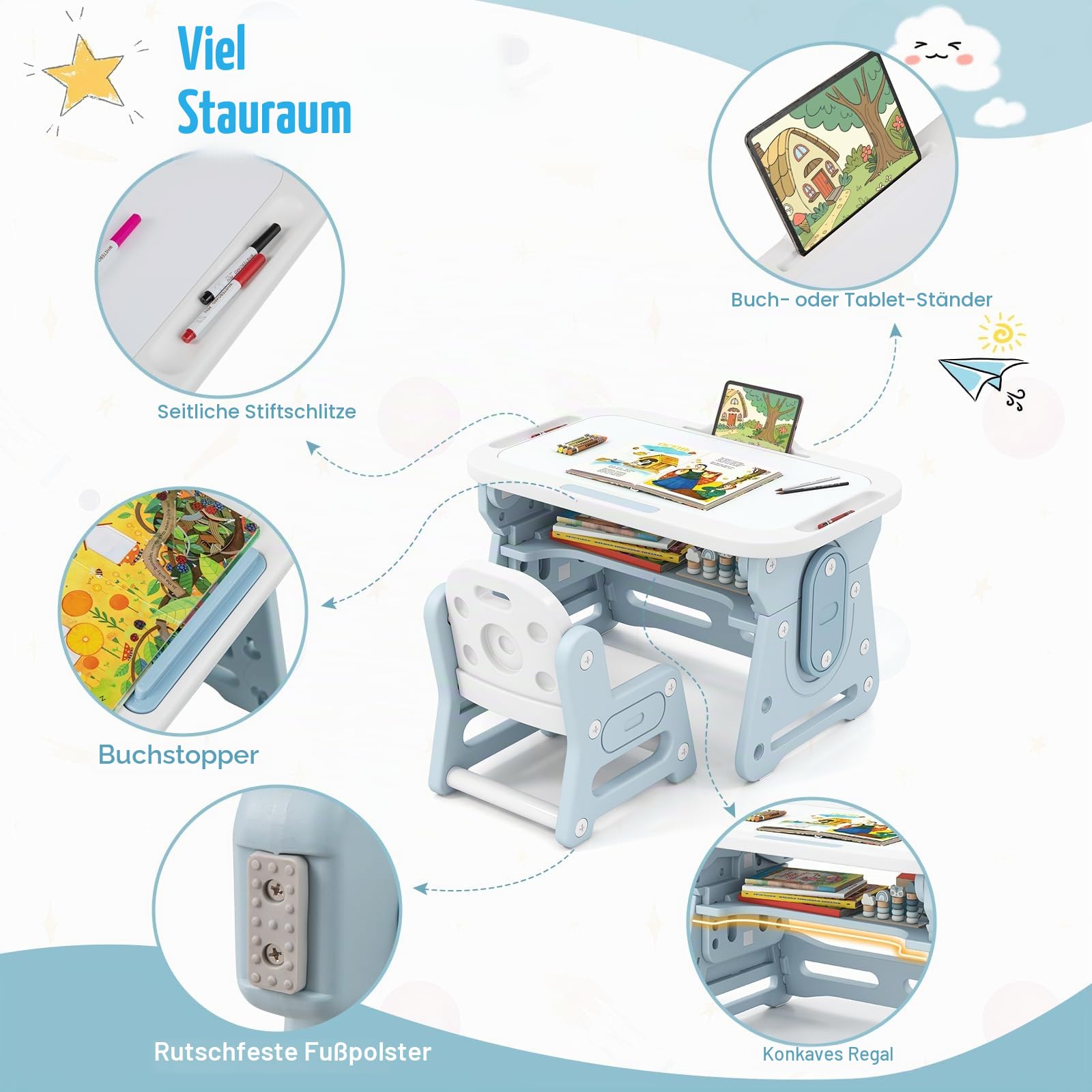LIFEZEAL Kinder Tisch Stuhl Set, Zeichentisch mit magnetischer Whiteboard & Kinderstuhl, Verstellbarer & neigbarer Schreibtisch mit Stauraum, Maltisch für Kinder ab 3 Jahr (Weiß + Blau)
