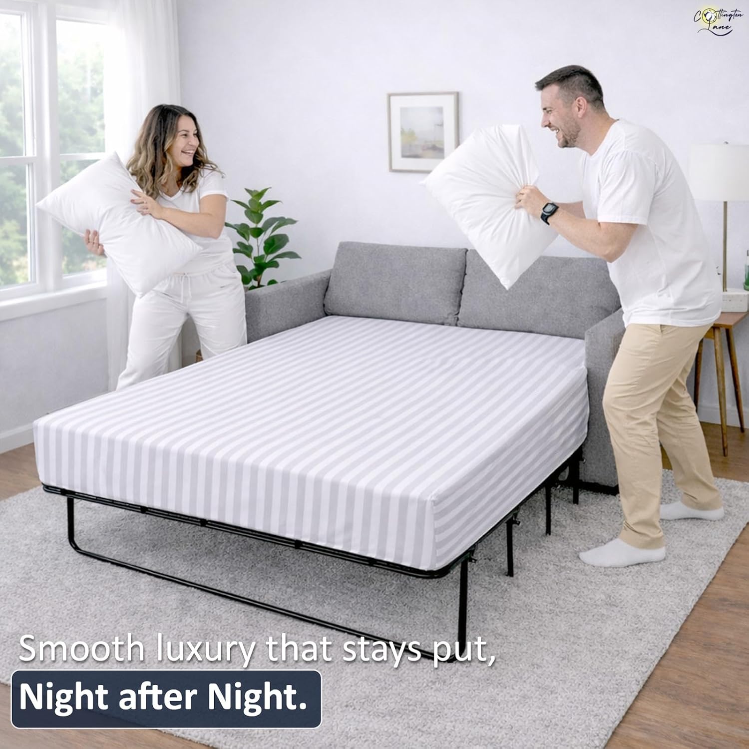 Cottington Lane 1 Piece Sleeper Sofa Fitted Sheet Twin Size, Premium Quality 100% Egyptian Cotton, 6 Inch Deep Sofa Bed/Pullout Couch Bottom Sheet Only, Cooling, Soft & Breathable, White Stripe