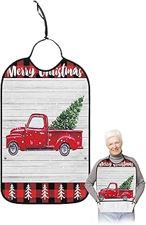 BOBOWUNY Christmas Truck Adult Bibs for Elder Women Men Eating, Snowflake Xmas Tree Red Black Plaid Waterproof & Washable Bibs for Eating Clothing Protector Dining Bibs for Crumb Catcher