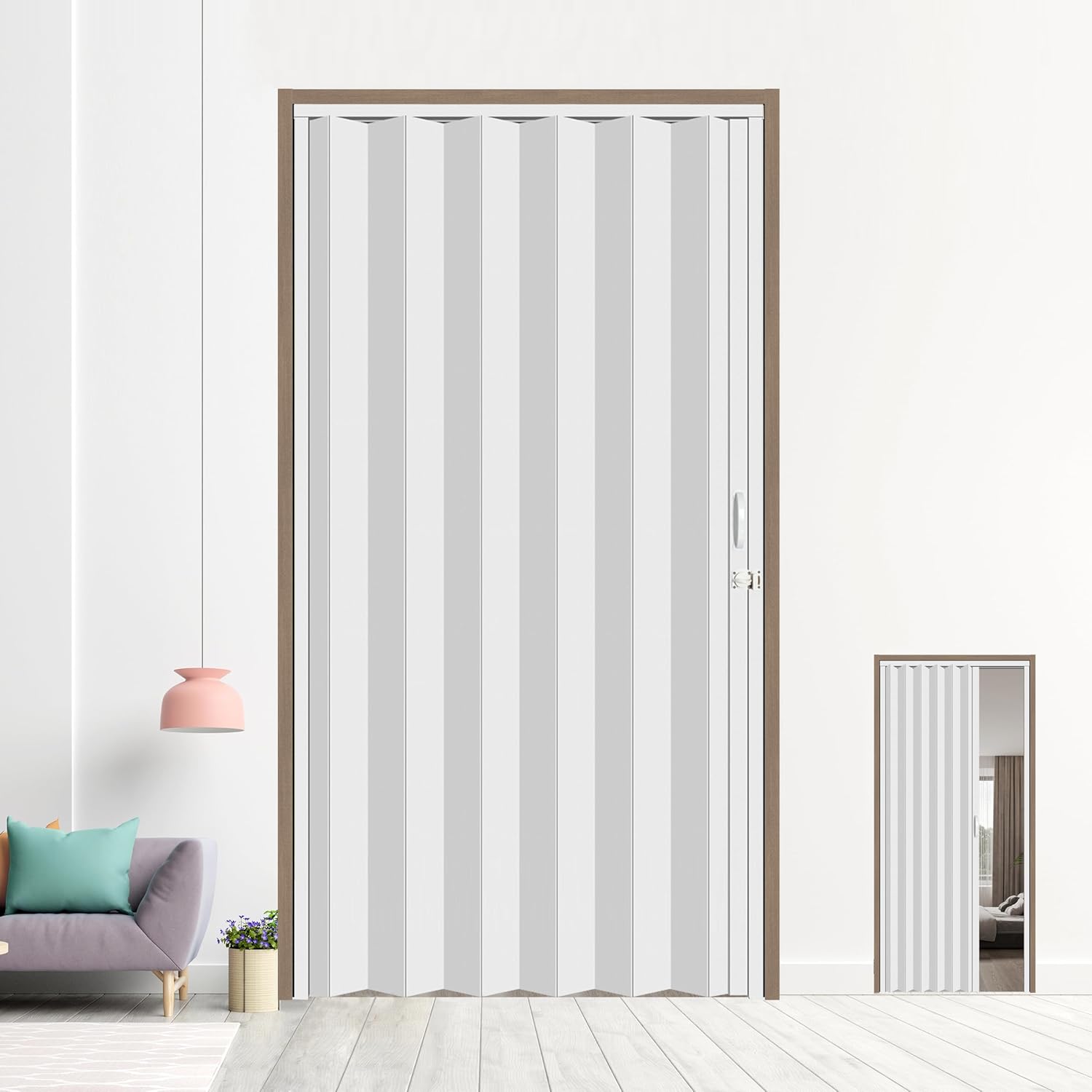 48X79in Interior Folding Accordion Doors for Living Spaces,White PVC,Handle Latch Includes