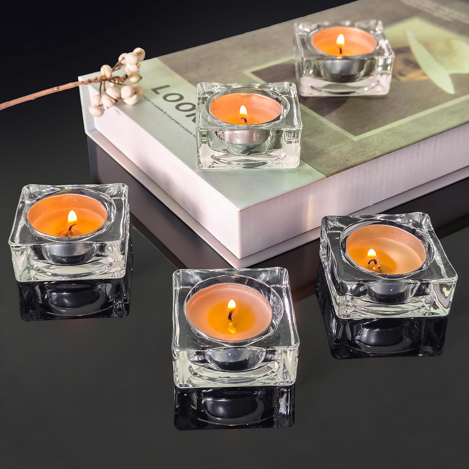 Tealight Candle Holder Set of 24, Clear Glass Candle Holder Heat-Resistant Square Holders for Wedding, Party, Home Décor