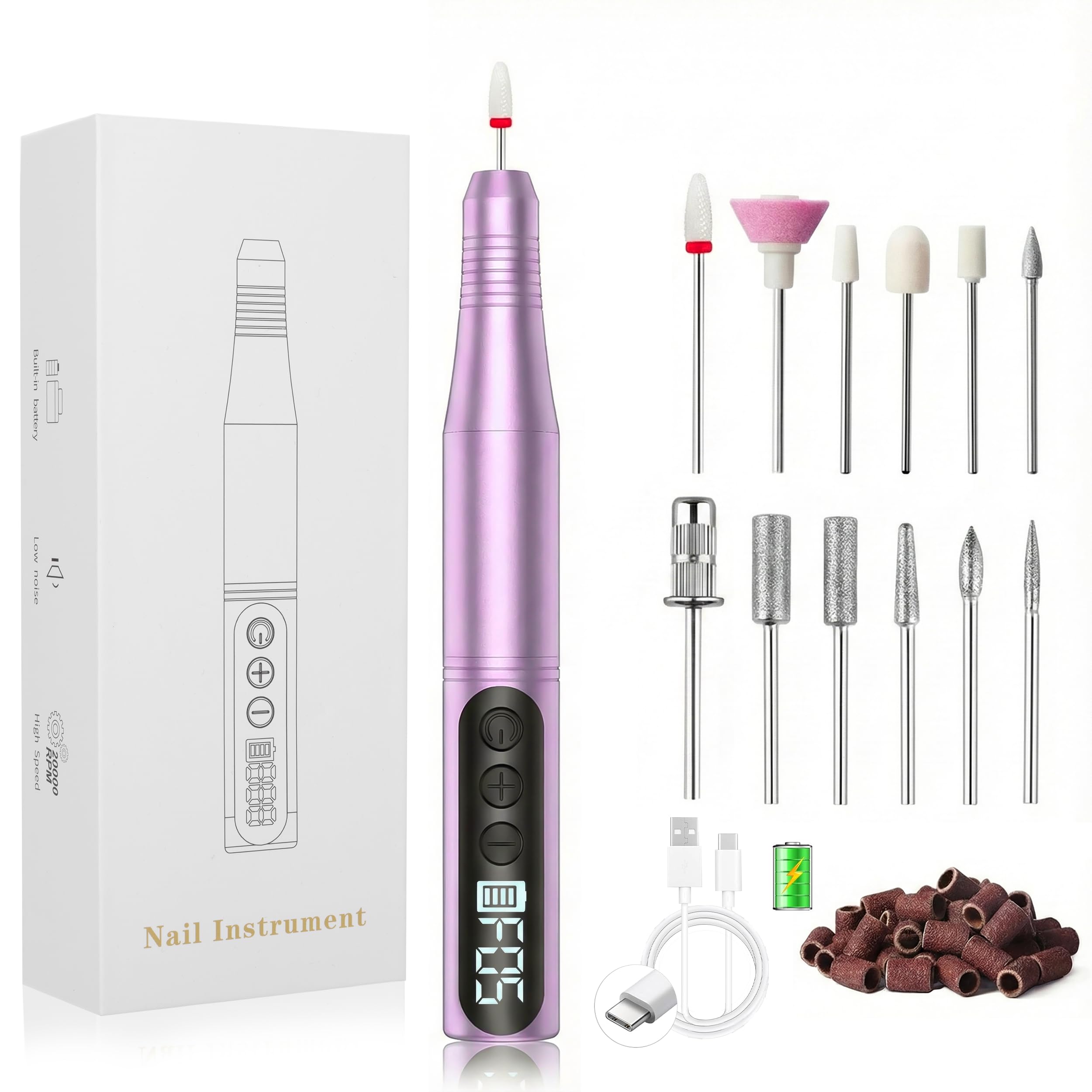 Carehabi Professional Portable Nail Cutter: 20000 RPM Wireless Electric Nail File for Gel & Acrylic – Rechargeable Manicure Pedicure Kit with 12 Tips for Cuticle and Callus