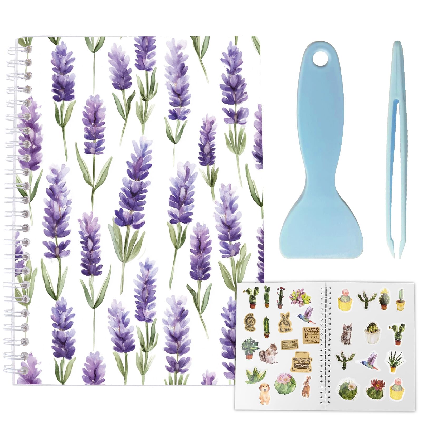 CRASPIRE 40 Sheets Sticker Collecting Book Reusable Sticker Organizer A5 Release Paper Waterproof Purple Flower Floral Blank Storage Holder Album with Scraper and Tweezer for Storaging Labels Keeper