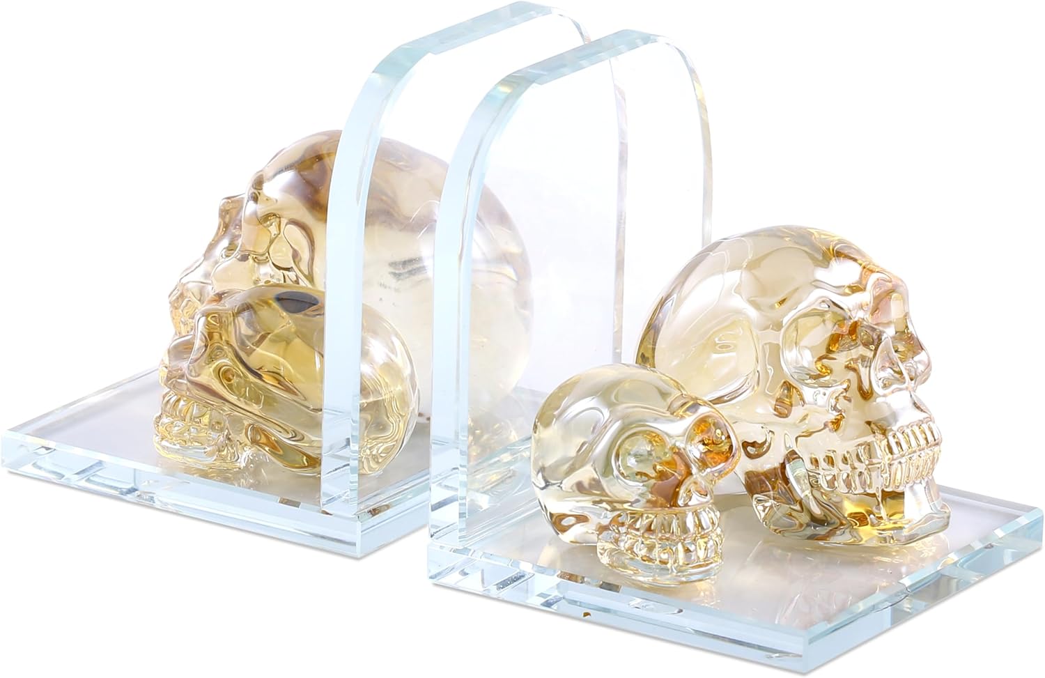 1 Pair Golden Crystal Skull Booksends,Artistic Design Modern Home Decorative Bookends,Book Ends for Heavy Books,Made of Transparent Crystal Material,Suitable for Study Room,Living Room and Office