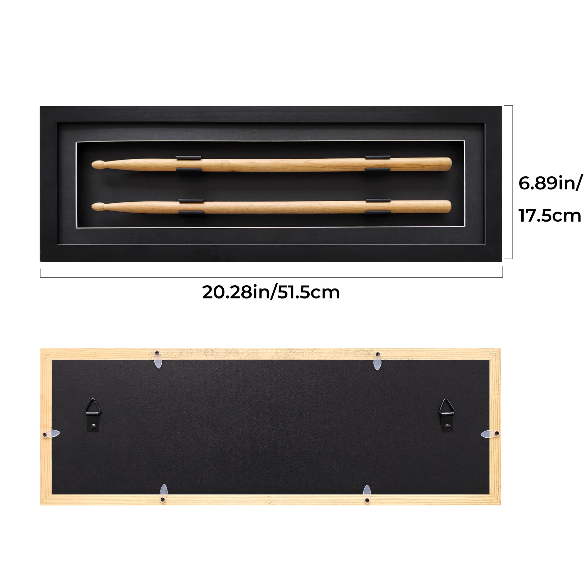 2 Stück Drumstick Vitrine Shadow Box Kiefernholzrahmen 50,8 x 17,5 x 3 cm | Transparente Acryl-Frontplatte, 1,7 cm Innentiefe für 5A/5B/7A-Sticks, Wandhaken im Lieferumfang enthalten, hält ein Paar