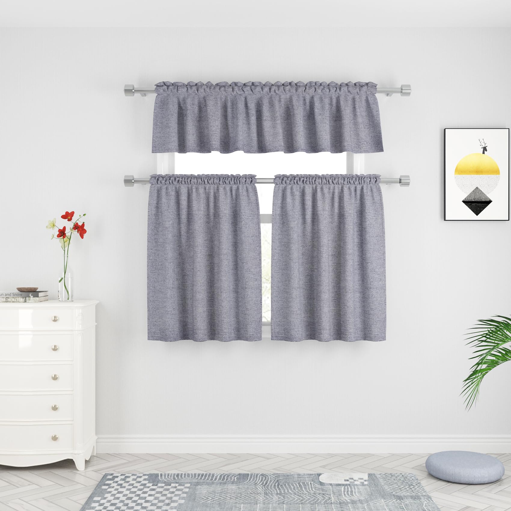 UPOPO Ensemble de 3 rideaux et cantonnière gris foncé pour fenêtre de cuisine et fenêtre en lin texturé petit rideau court de salle de bain demi-fenêtre de café rideaux sous-sol passe-tringle 91,4 cm