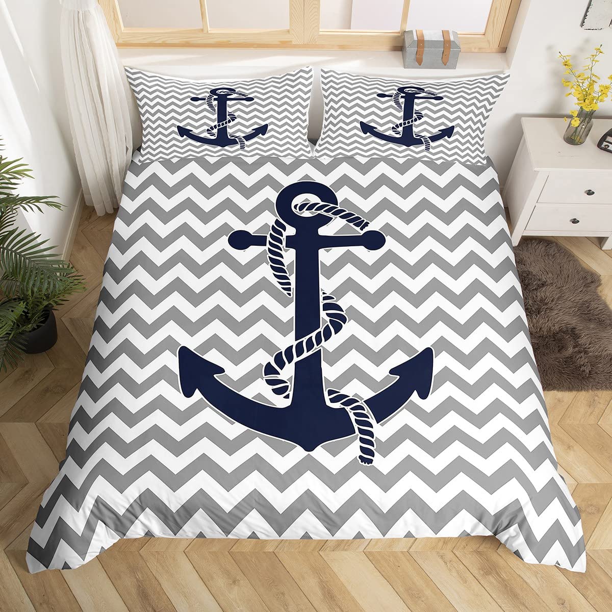 Nautical Anchor Duvet Cover Queen Size,Geometric Gray Stripe Bedding Set for Kids Teens Adults Room Decor,Ocean Adventure Comforter Cover Modern Abstract Quilt Cover No Down Filling,2 Pillowcases
