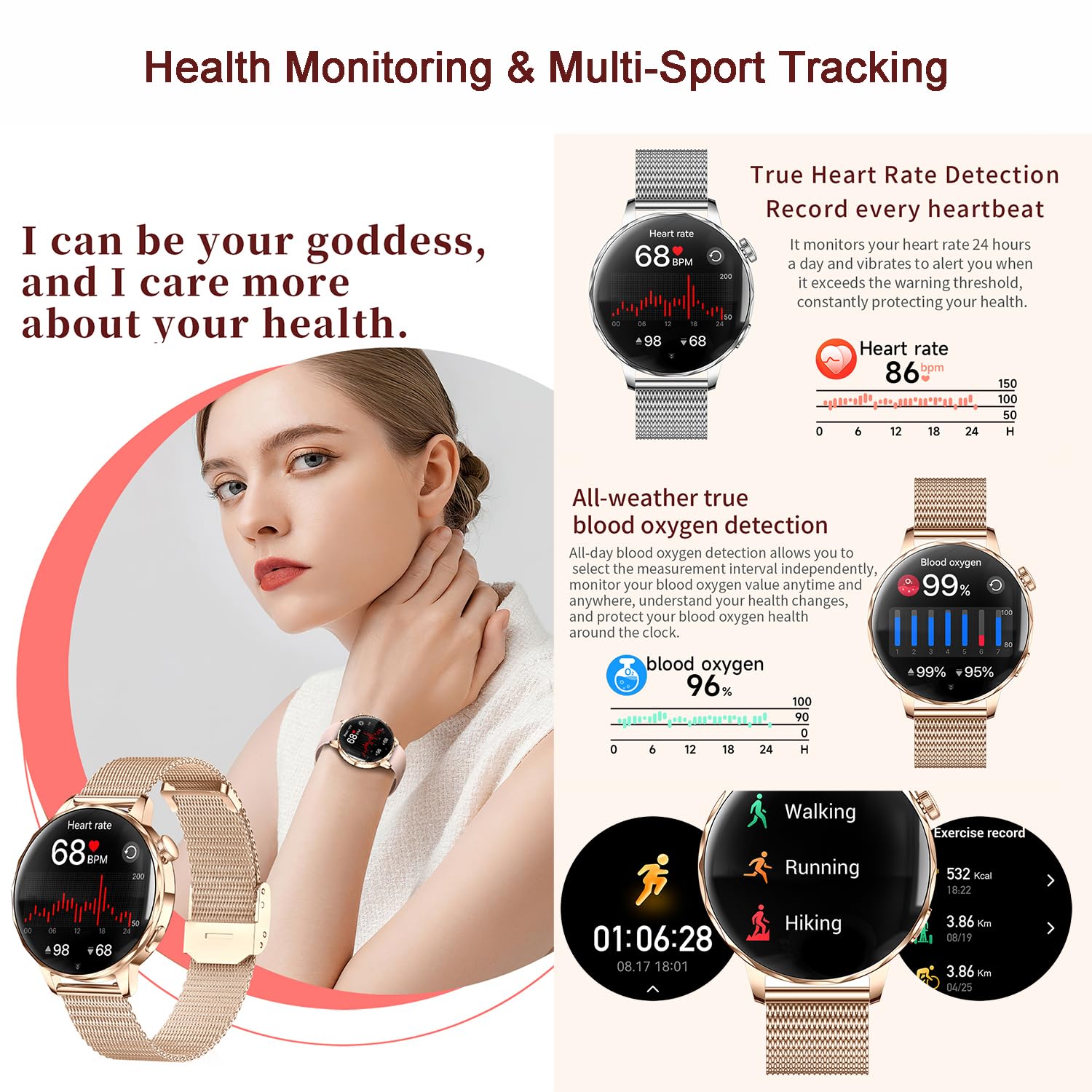 Reloj inteligente para mujer con función de teléfono, pantalla de 1.27 pulgadas, pulsera de metal y correa de silicona, frecuencia cardíaca/SpO2/presión arterial/monitor de sueño, seguimiento de ciclo