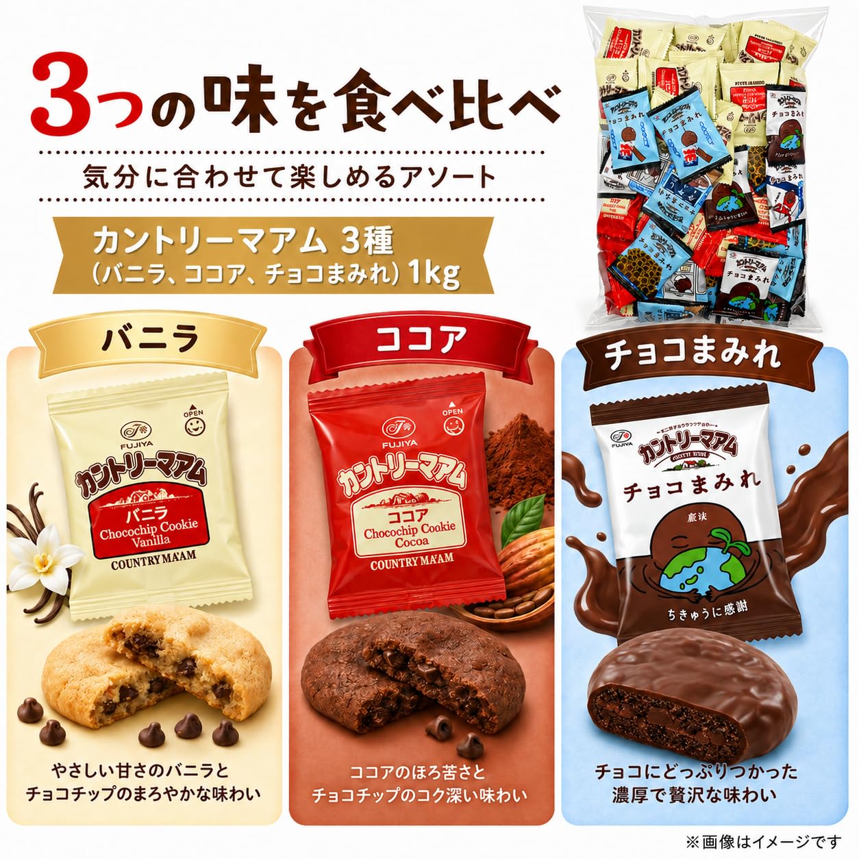 Amazon.co.jp: 不二家 カントリーマアム 3種 (バニラ、ココア、チョコ