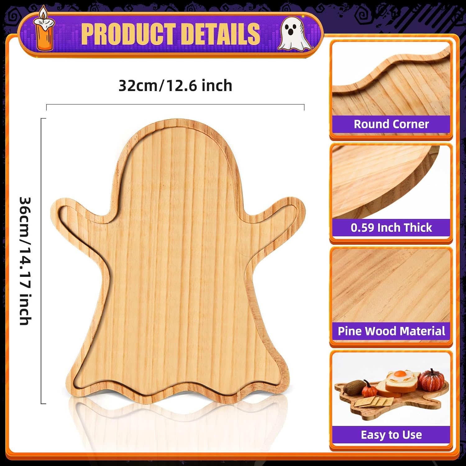 AWIZOM Halloween Wooden Serving Platter Ghost Shape Serving Tray Halloween Wood Charcuterie Board Wooden Snack Cheese Dish Plate for Fall Autumn Dinnerware Supplies,12.6x14.17x0.59
