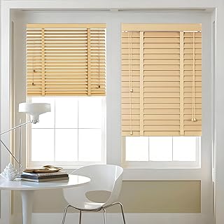 Blackout Wood Blinds for Indoor Windows Wooden Venetian Blinds Cordless 2" Slats Horizontal Window Blinds & Shades 22" 27'' 48" 36" 18" 60" Room Darkening Blind for Home Windows and Door(Beige)