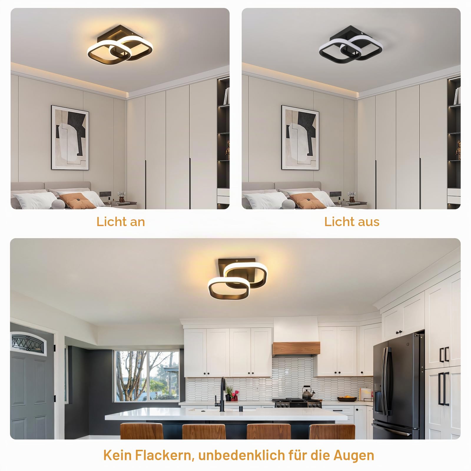 2 Stück LED Deckenleuchte 22W Deckenlampe Warmweiß 3000K, Schwarz