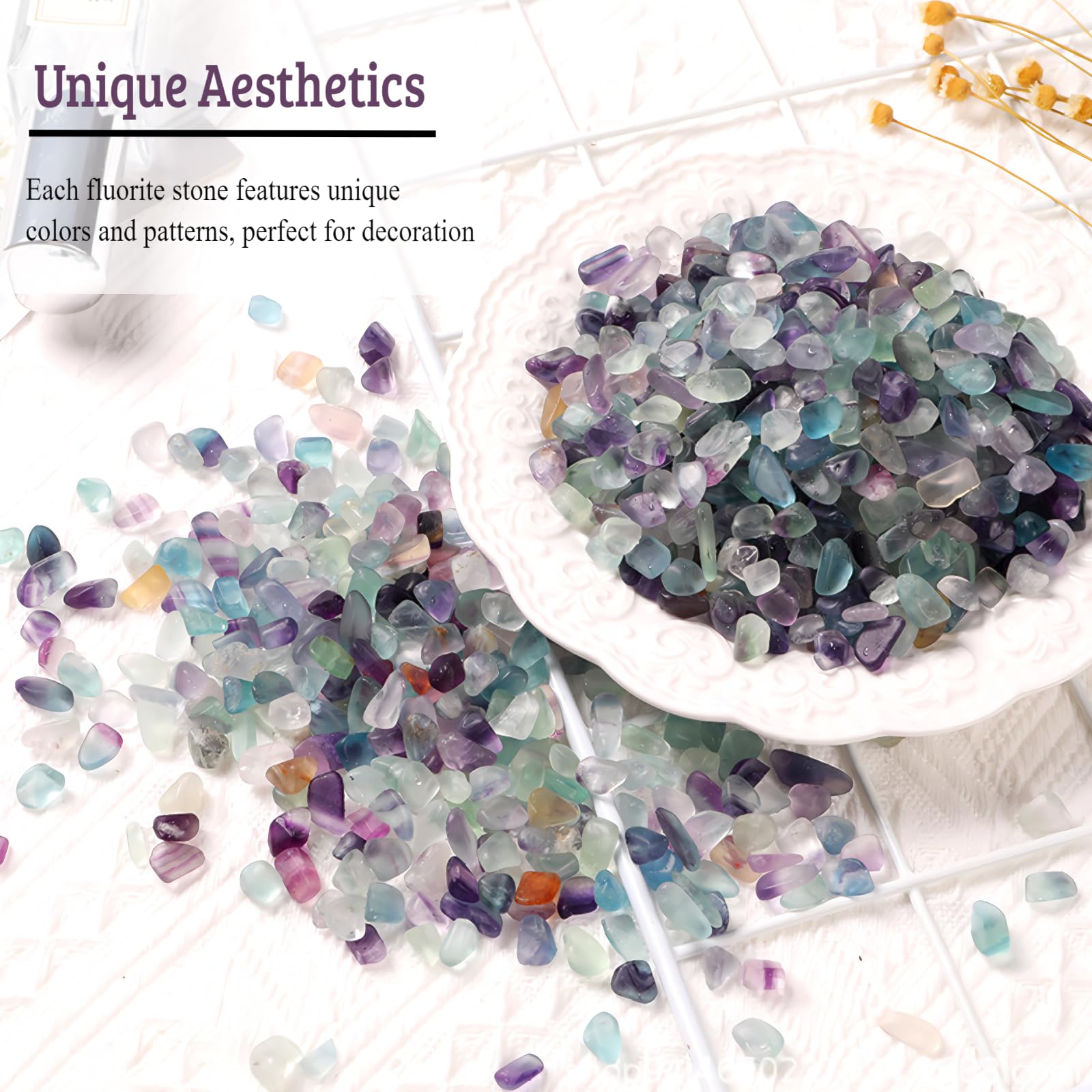 Wanwanzi 1lb Fluorite Aquarium Gravel Rocks - Tumbled Healing Crystal Chips - Bulk Gemstones for Fish Tank Decor - Fountain Vase Filler Planters - for Potted Plants