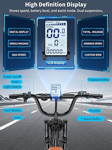 Miniatura 5 de Bicicleta eléctrica para adultos, 1000 W, 152528 MPH, batería extraíble de 48 V y 18.2 Ah, motocicleta eléctrica máxima de 60 millas, bicicleta de