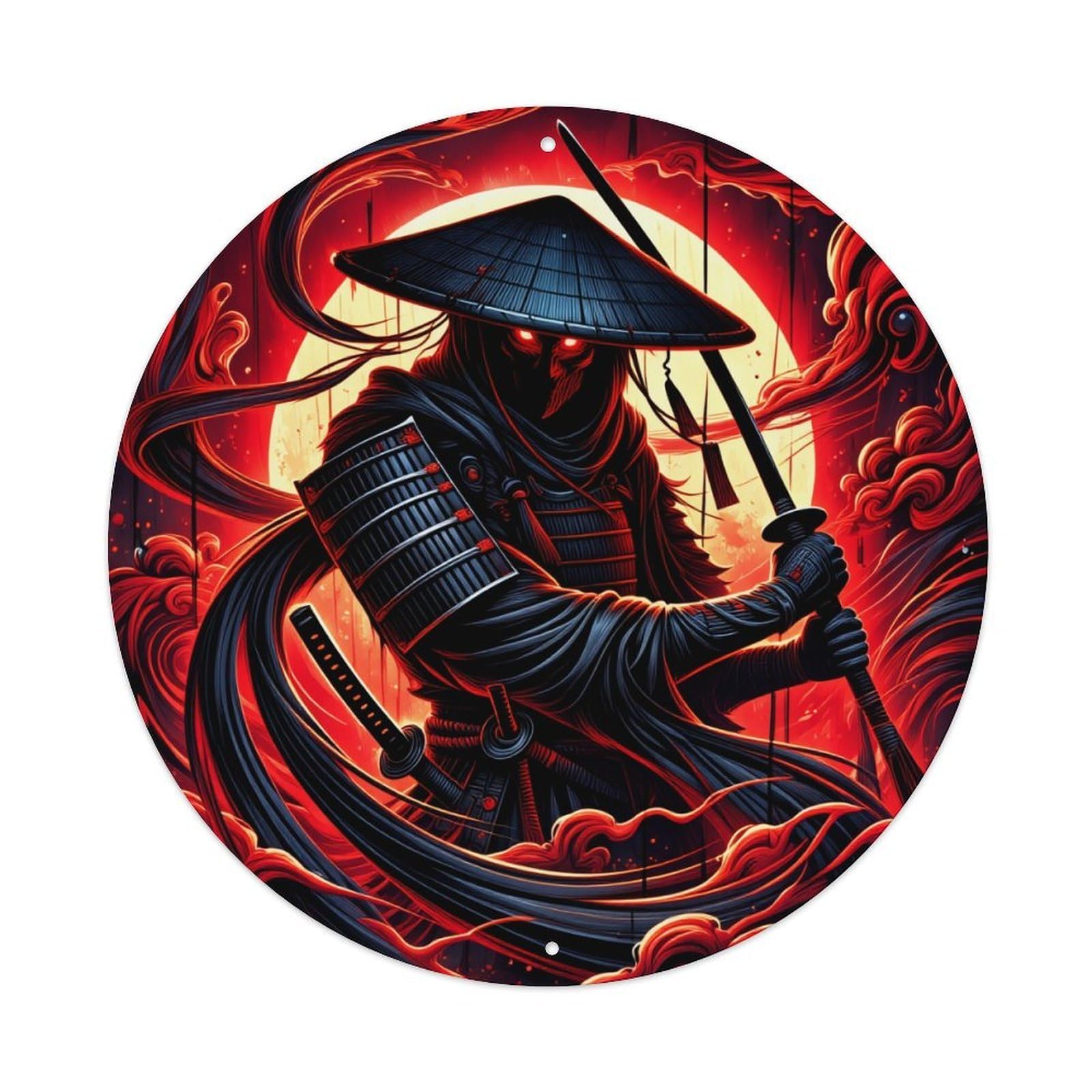 Samurai Warrior Red Moon Shadow Blade Round Metal Tin Sign Vintage Wall Decor, Bar Garage Cafe Kitchen Home Wall Art Poster 8x8inches