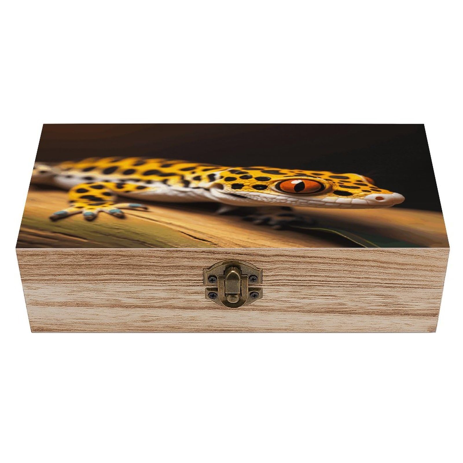 VstaDank Leopard Little Gecko Wooden Storage Box Vintage Wood Box with Lid Large Wooden Jewelry Boxes DIY Wood Gift Boxes Exquisite Jewelry Case Art Stash Keepsake Storage Case