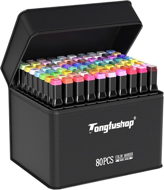 Tongfushop 80 Colored Marker Set,1 Second Quickly Drying Marker Pens,Double Tip Markers for Artists,with Storage Base for Students Manga + 2 Gift Pens