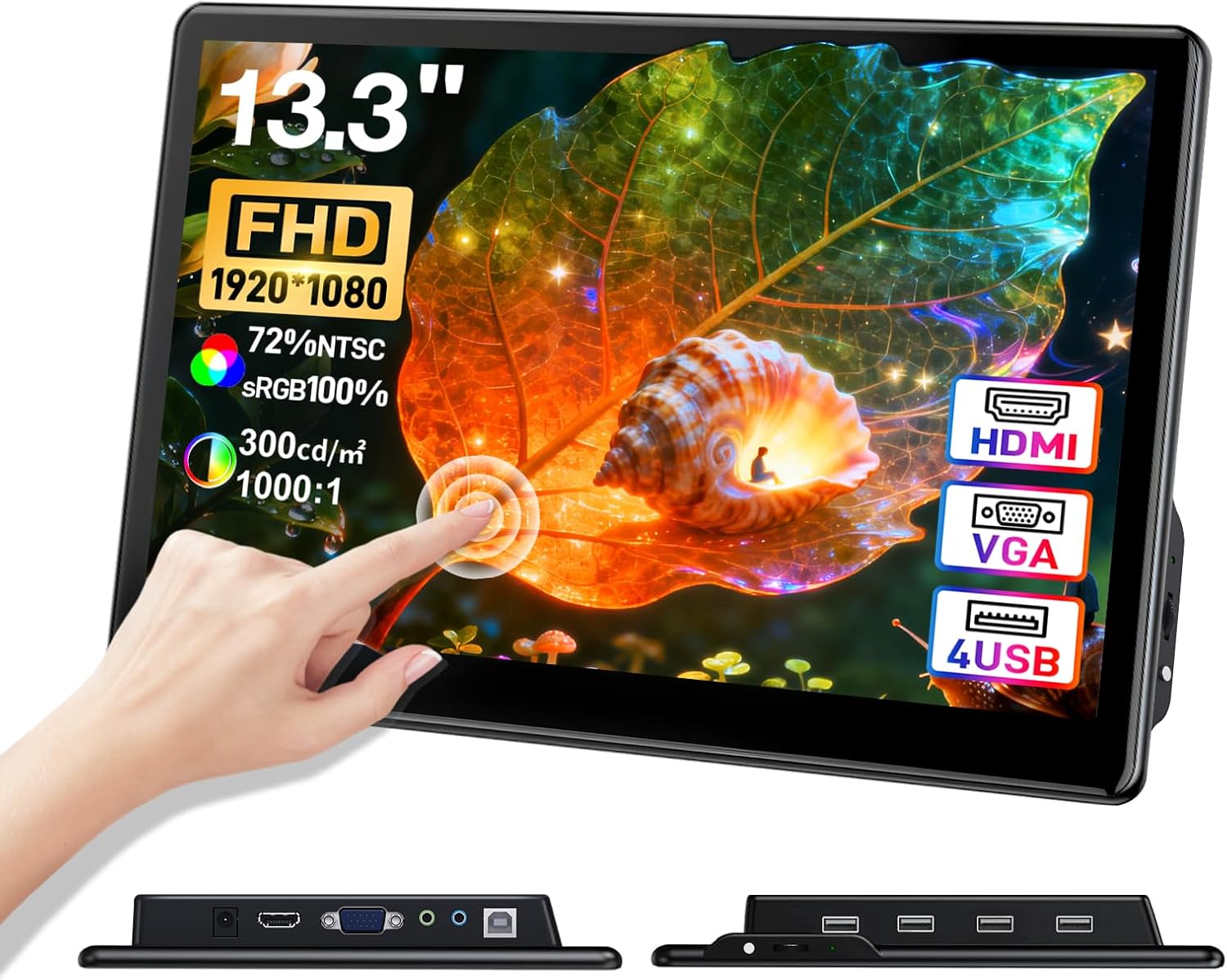 15.6 inch Portable Touchscreen Monitor with HDMI VGA DVI Ports, Screen Extender FHD 1920×1080 IPS Small Touch Screen Display Compatible with Laptops PC PS5/4, Industrial (with Remote)