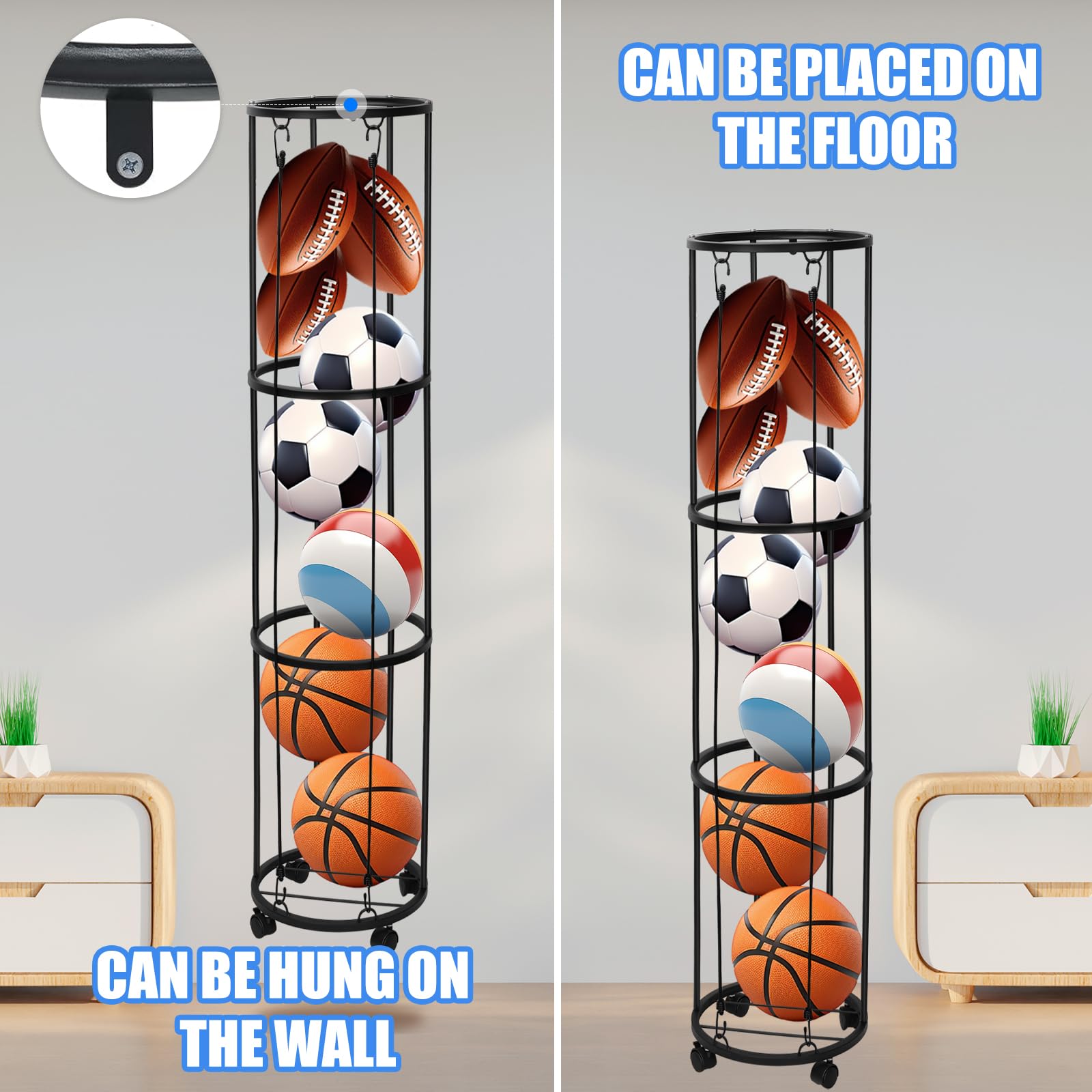 Rastrelliera per Palloni a 3 Livelli Verticale per Basket Calcio Attrezzature Sportive Scaffale Rimovibile