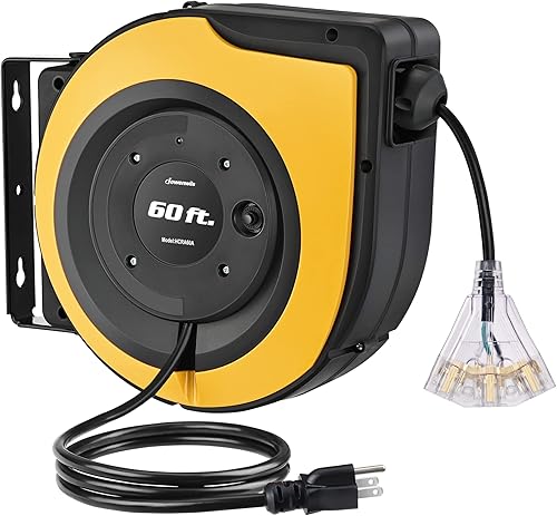 DEWENWILS Carrete de cable retráctil, cable de extensión resistente de 60 pies, 12 AWG3C SJTOW, 3 salidas a tierra iluminadas triple grifo,