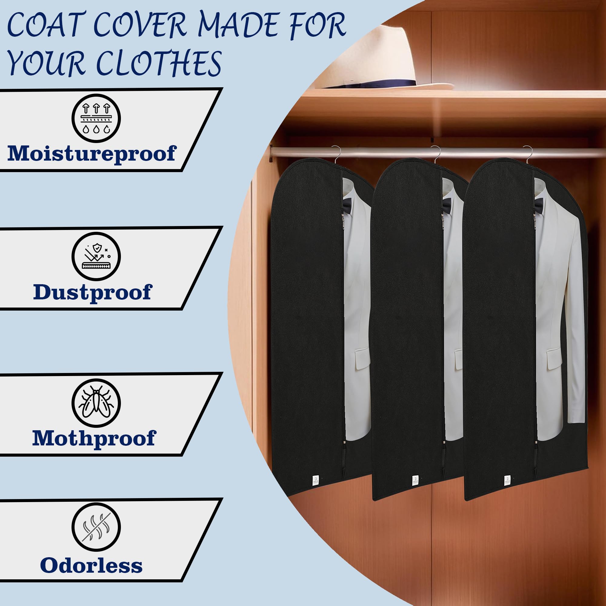 Kuber Industries Paquete de 6 fundas para blazer | Fundas de traje con cremallera para mujeres y hombres | Bolsa de abrigo a prueba de polvo para ropa, chaqueta | Cubierta media transparente | Negro