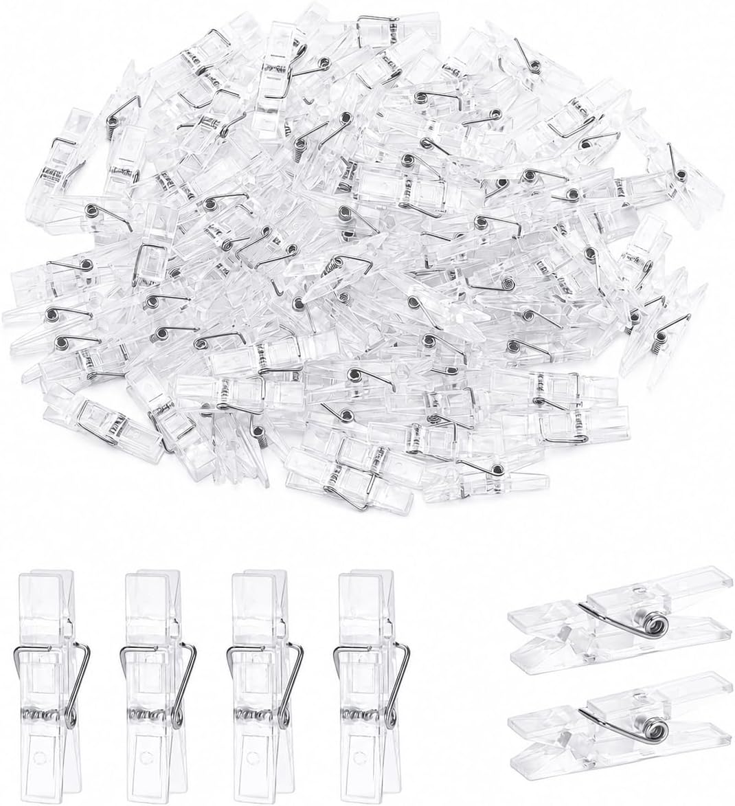 jijAcraft Mini Clear Clothespins - Plastic Photo Clips 1.4 Inch Small Clothes Pin 100Pcs Tiny Picture Clips for Baby Shower Games Decorations Hanging Photos, Fairy Lights, DIY Crafts, Birthday Party