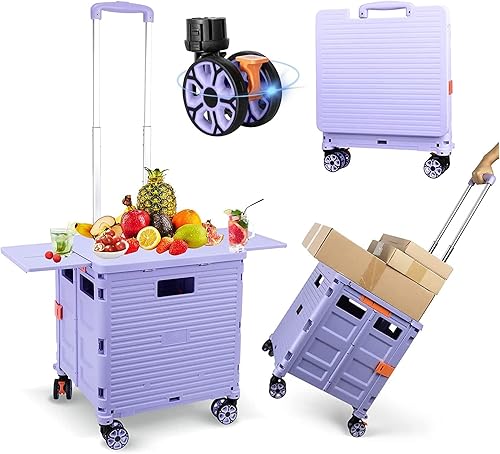 Carrito de utilidad plegable portátil con tapa deslizante magnética, mango telescópico, caja de plástico resistente, ruedas giratorias de 360 para