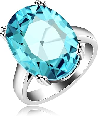 Uloveido Created Topaz Ring Big Oval Light Blue Stone Solitaire Cocktail Rings for Women Platinum Plated, Simple Design Birthday Wedding Light Blue Crystal Jewelry Ring Gift for Female Size 6-12 Y2165