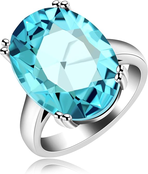 Uloveido Created Topaz Ring Big Oval Light Blue Stone Solitaire Cocktail Rings for Women Platinum Plated, Simple Design Birthday Wedding Light Blue Crystal Jewelry Ring Gift for Female Size 6-12 Y2165