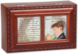 First Communion Jesus Believe You Woodgrain Rope Trim Jewelry Music Box Plays Hallelujah