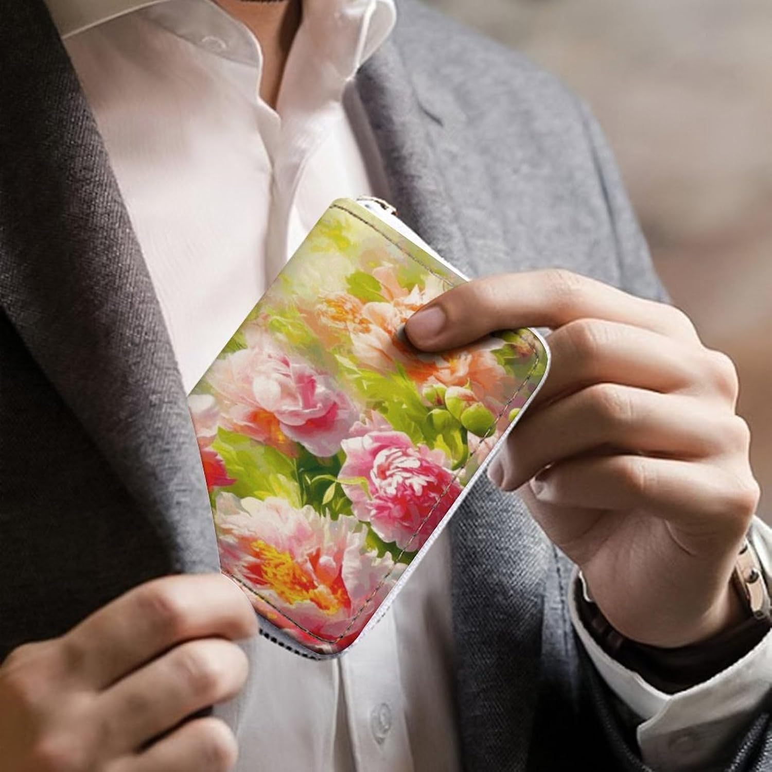 Bright Peonies Card Holder RFID Blocking,Credit Card Wallet for Women And Men,Card Case Organizer Bag with Zipper
