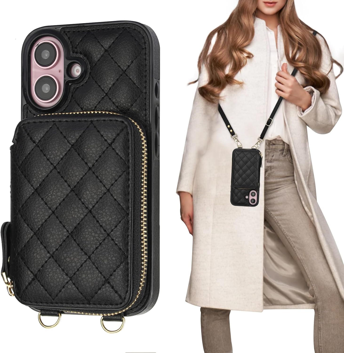 Bocasal Crossbody Wallet Case for iPhone 16, RFID Blocking PU Leather Zipper Handbag Purse Flip Cover, Kickstand Folio Case with Card Slots Holder Wrist Strap Lanyard 5G 6.1 Inch (Black)