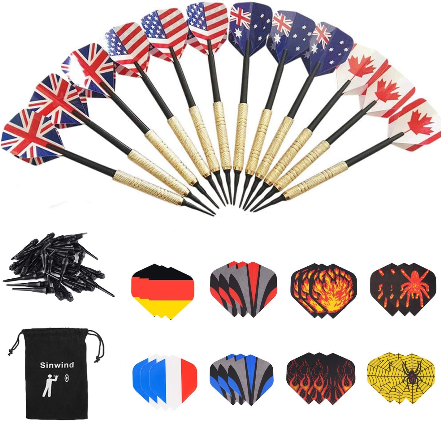 SinwindDarts Set, 12 Pcs Soft Tip Darts with Brass-plated Steel Barrels, 36 Flights and 36 Soft Tip Points for Electronic Dartboards