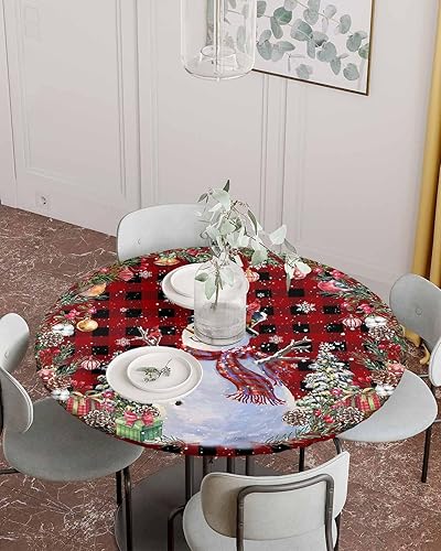 Miniatura 4 de Mantel redondo ajustable con diseño de muñeco de nieve y árbol de Navidad, elástico, impermeable, decoración de mesa para comedor, fiesta en casa,