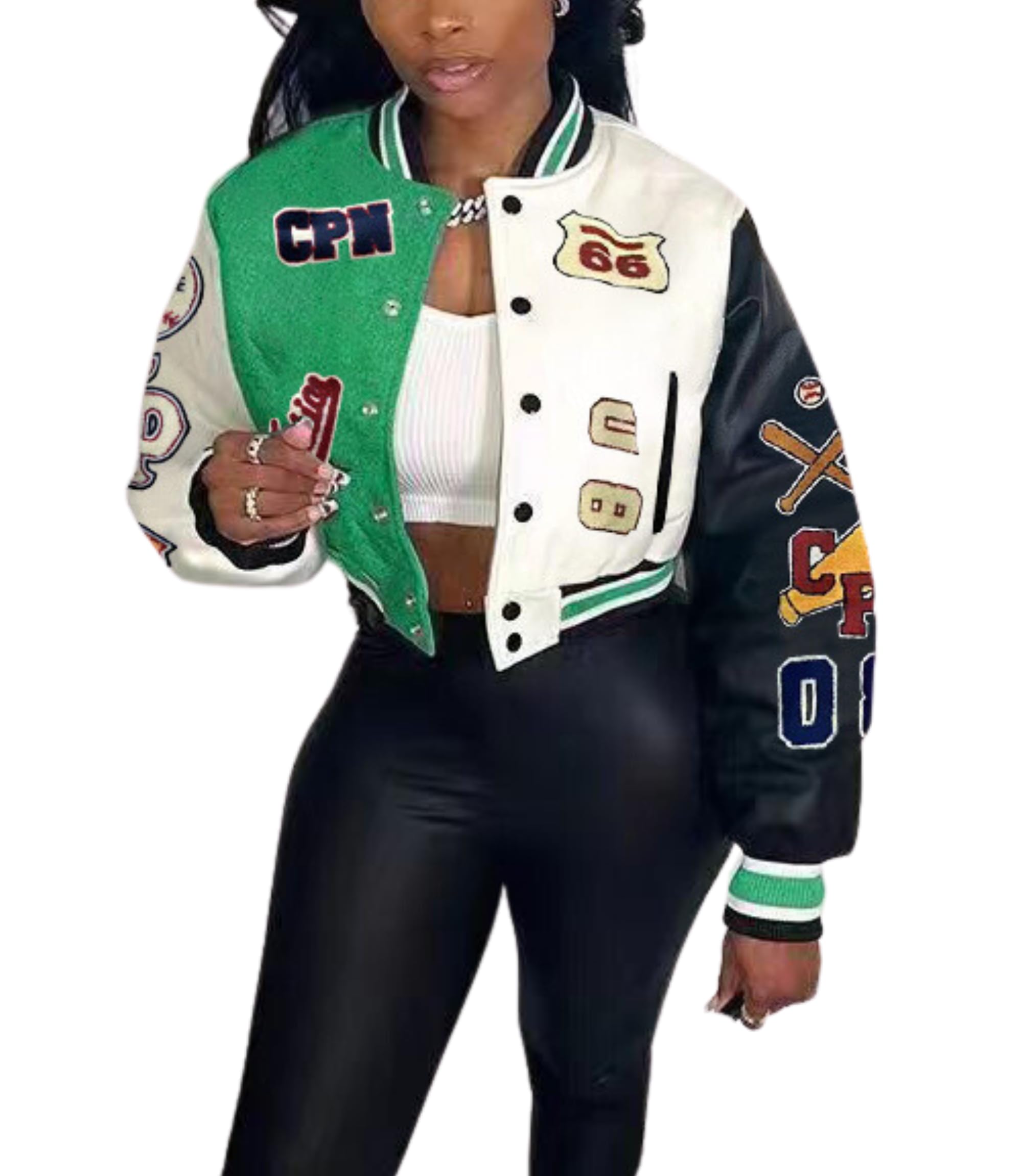 (XL) Glitrandi Varsity Jacket Women with Patches Print Cropped Bomber Leather Jacket Women 2025 S-XXL