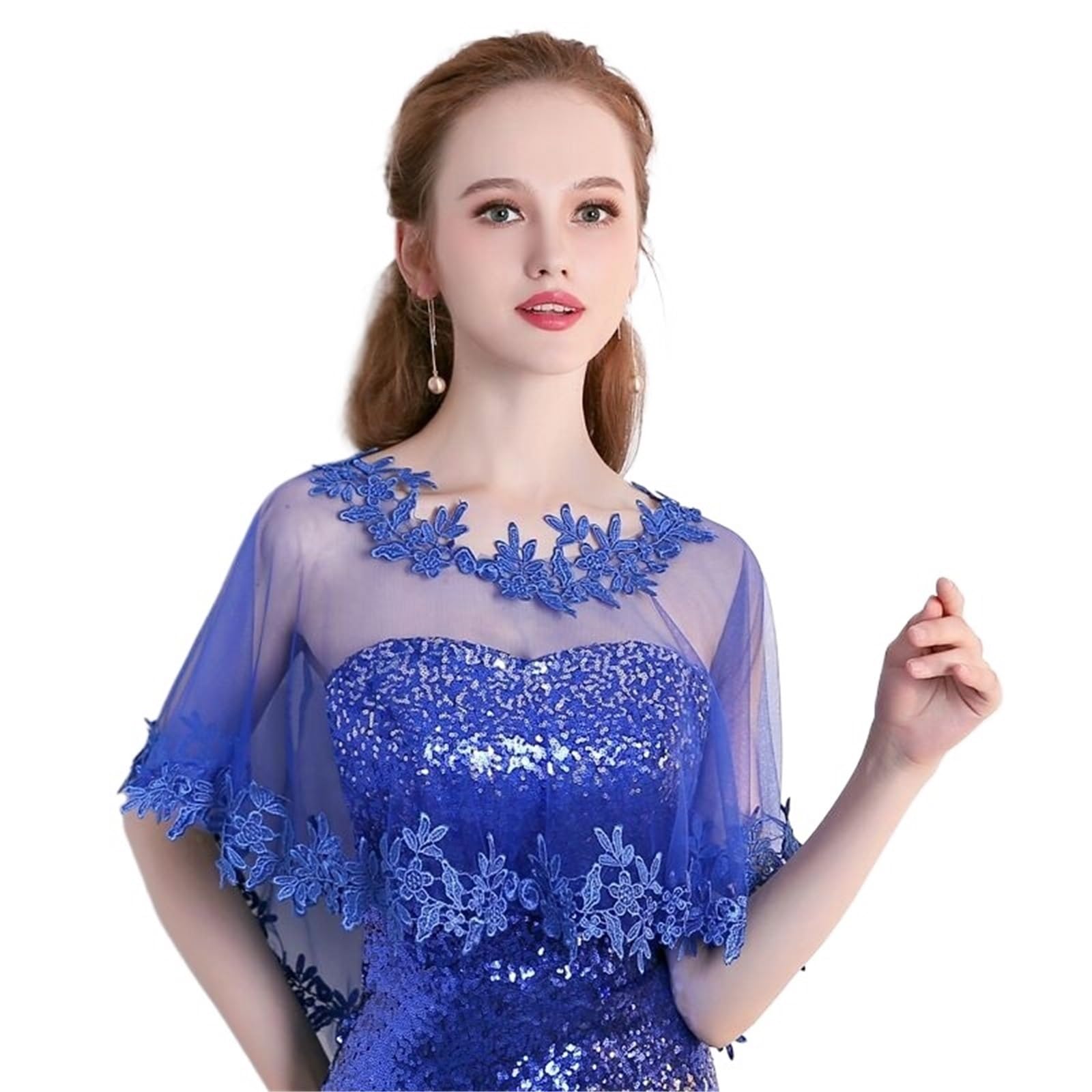 HEUchuan Wedding Dress Shawl O-Neck Lace Bridal Wedding Elegant Women Cape Tulle Evening Prom Cape Shawl(Blue)