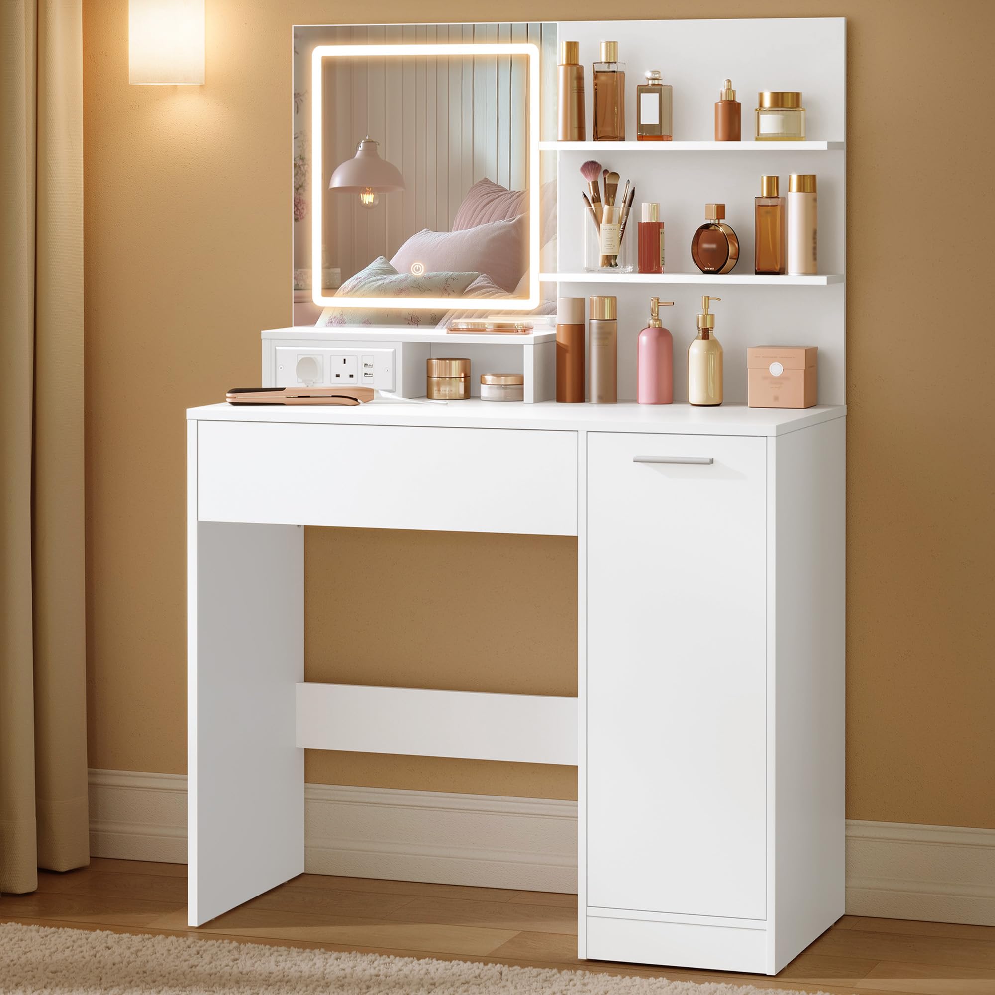 VASAGLE KAILYN Collection - Vanity Desk with LED Lights and Power Outlet, Makeup Vanity Table with Mirror, Modern Makeup Desk, Drawer, 2 Shelves, Cabinet with Adjustable Shelves, White URDT138W02