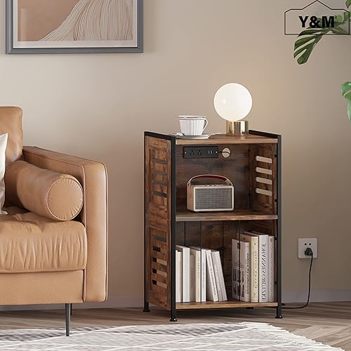 Miniatura 5 de Y&M Soporte para tocadiscos, soporte de vinilo con estación de carga y puerto USB, mesa de exhibición de discos con gabinete de almacenamiento,